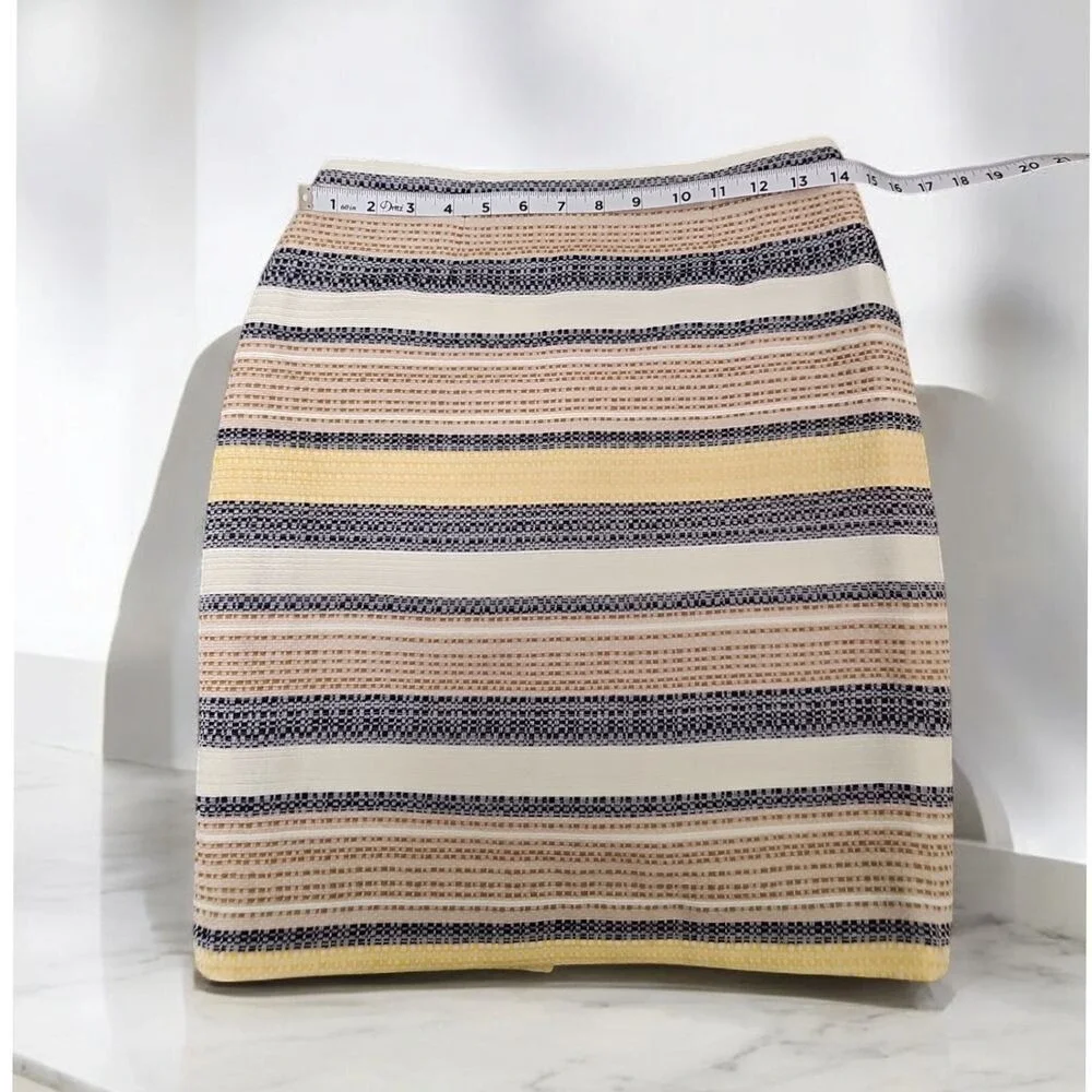 Etcetera Striped‎ Textured Pencil Skirt Navy Beige Yellow Professional 0Nwot